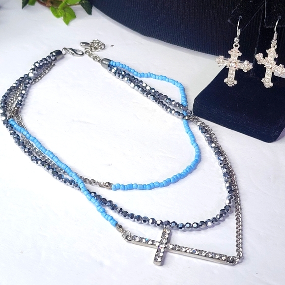 Silver Multi Chain Multi Media Cross Necklace and Earrings Set - Picture 3 of 9